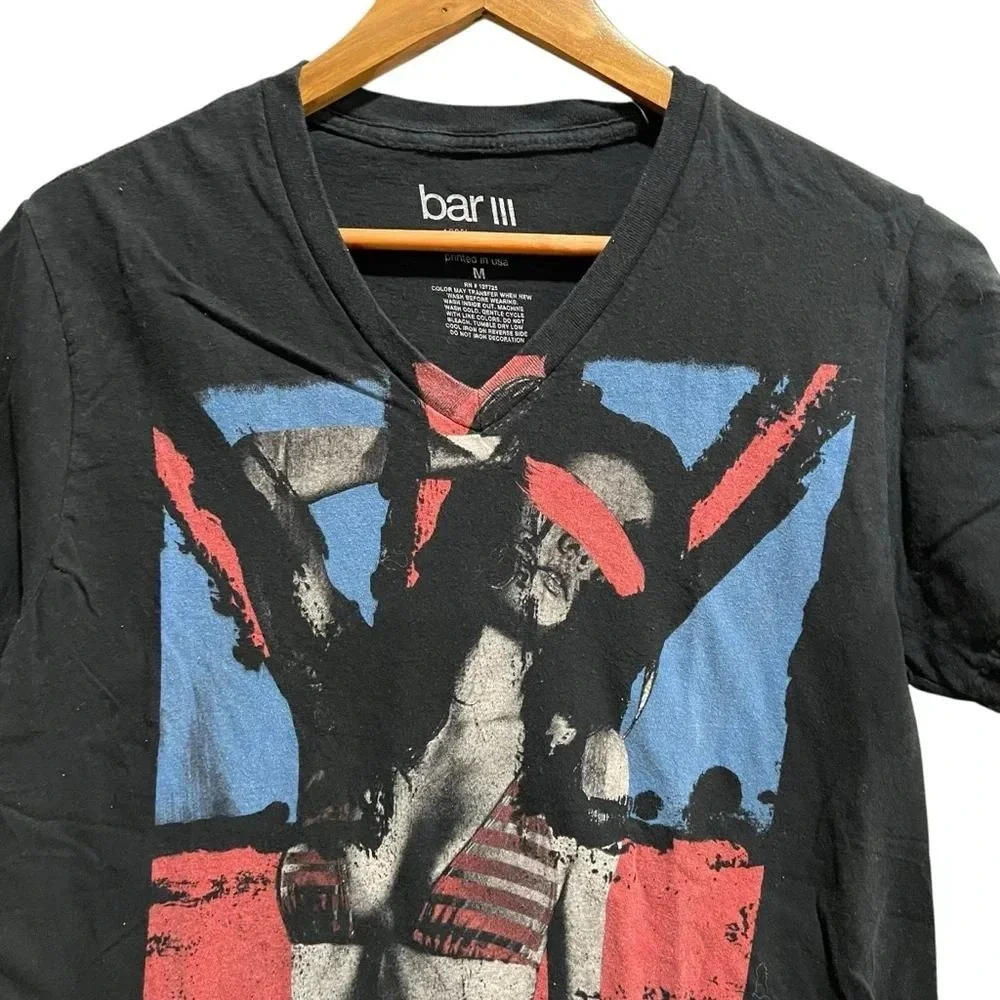 Bar III Mens Black V-Neck Graphic T-Shirt Distressed Flag Bikini Print Size M